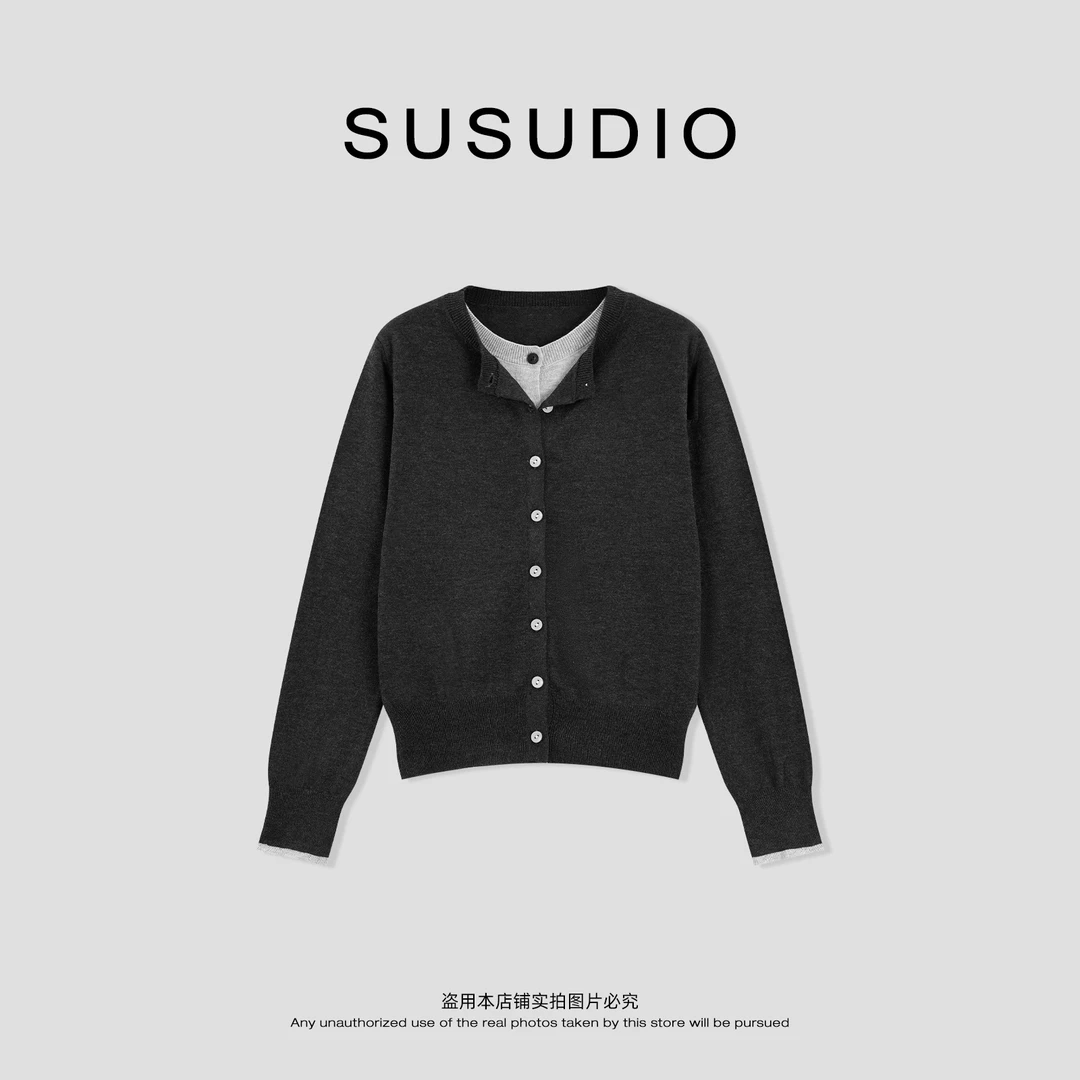 SUSUDIO 绵羊毛 多色系假两件柔软亲肤撞色长袖开衫 Z6043
