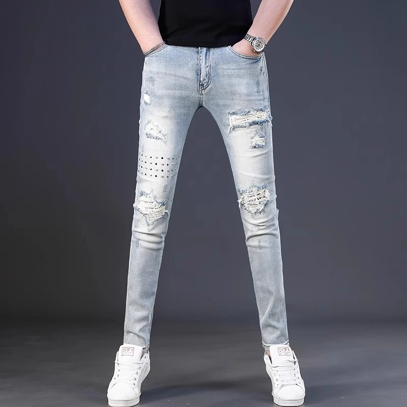 One What新款春夏高端烫钻破洞牛仔裤男潮牌修身束脚弹力休闲裤