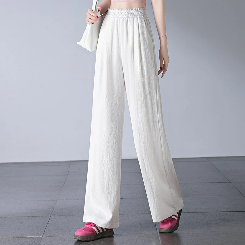 哥弟阿玛施正品冰丝休闲阔腿裤女2025夏薄款大码蕾丝松紧腰直筒裤