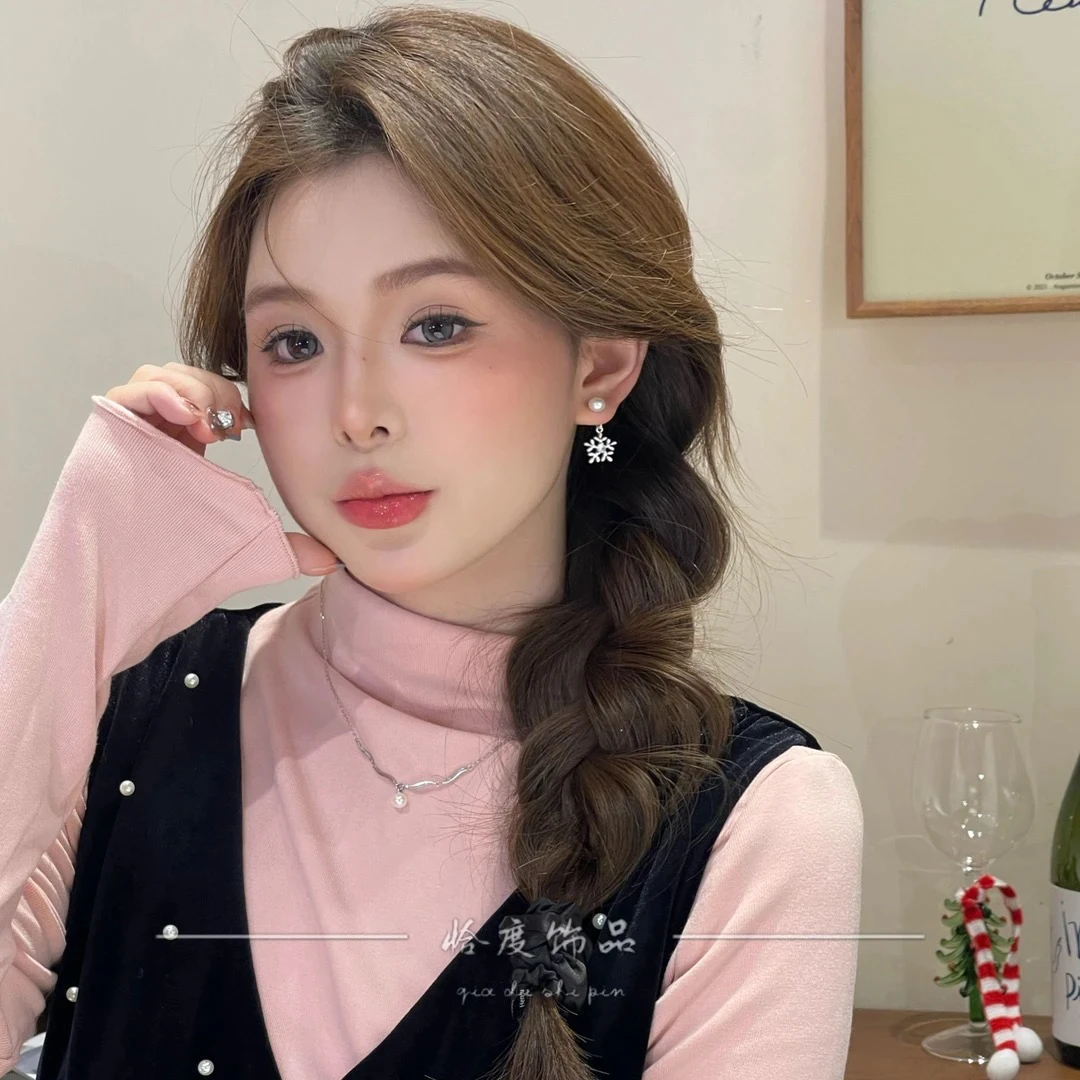 铜合金仿珍珠耳饰 铜合金闪锆雪花珍珠耳扣法式复古小众轻奢