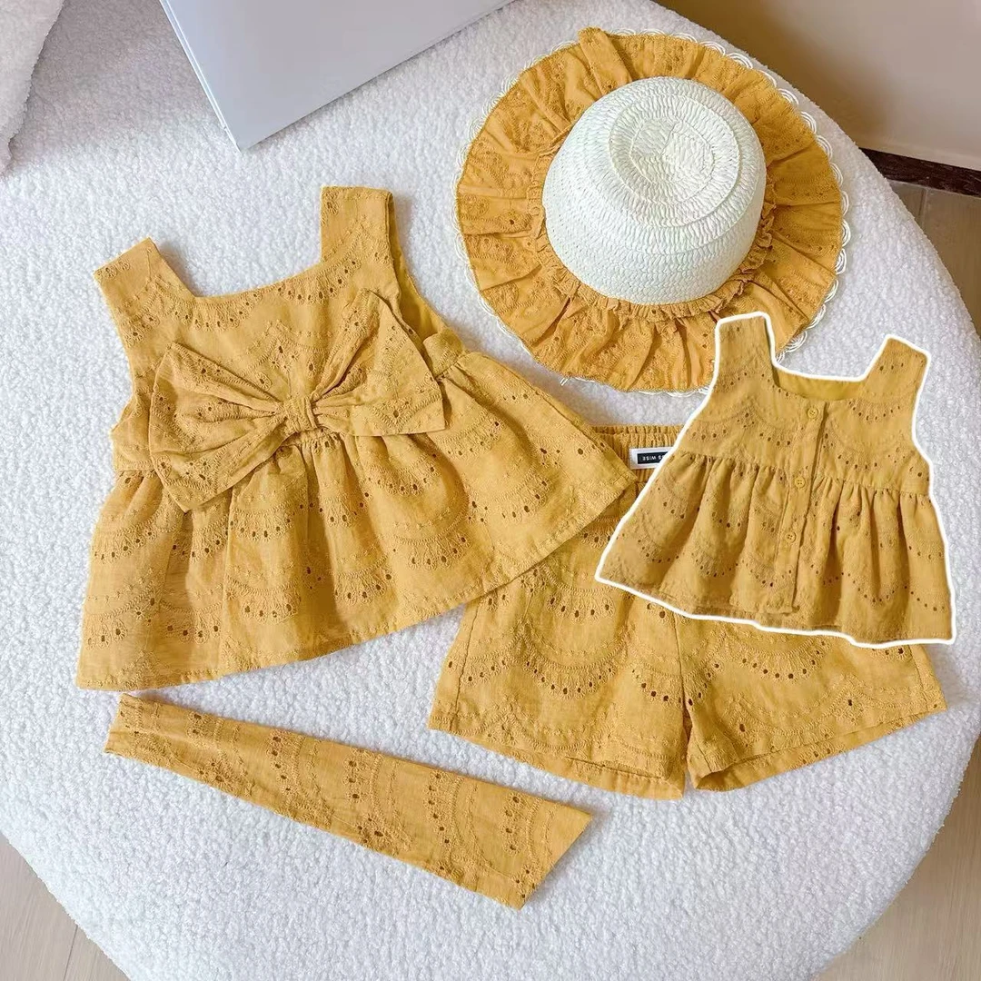 女童短裤套装2025新款夏季方领娃娃衫衬衫甜美镂空棉布两件套