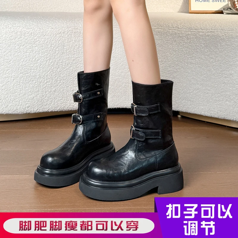 大码扣带可以调节胖廋都可以穿6cm厚底机车中高筒扣子靴女骑士短