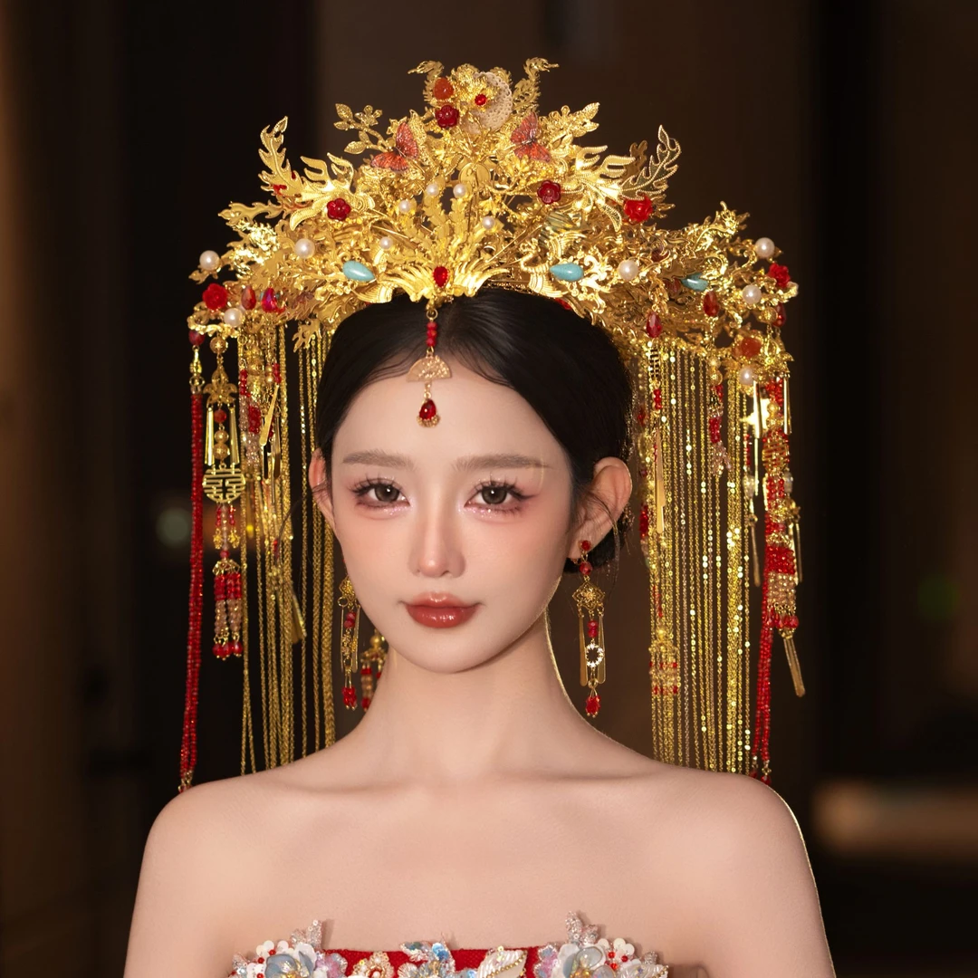 予禧-15245红新娘大气头饰中式黄色古风汉服秀禾服龙凤褂流苏饰品