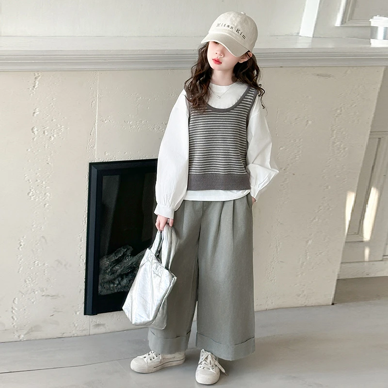 女童时尚马甲衬衫春秋季套装2025洋气新款中大儿童6-12岁15阔腿裤