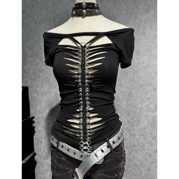 PUNK RAVE哥特亚文化暗黑金属脊骨辣妹紧身性感切割镂空T恤T-285