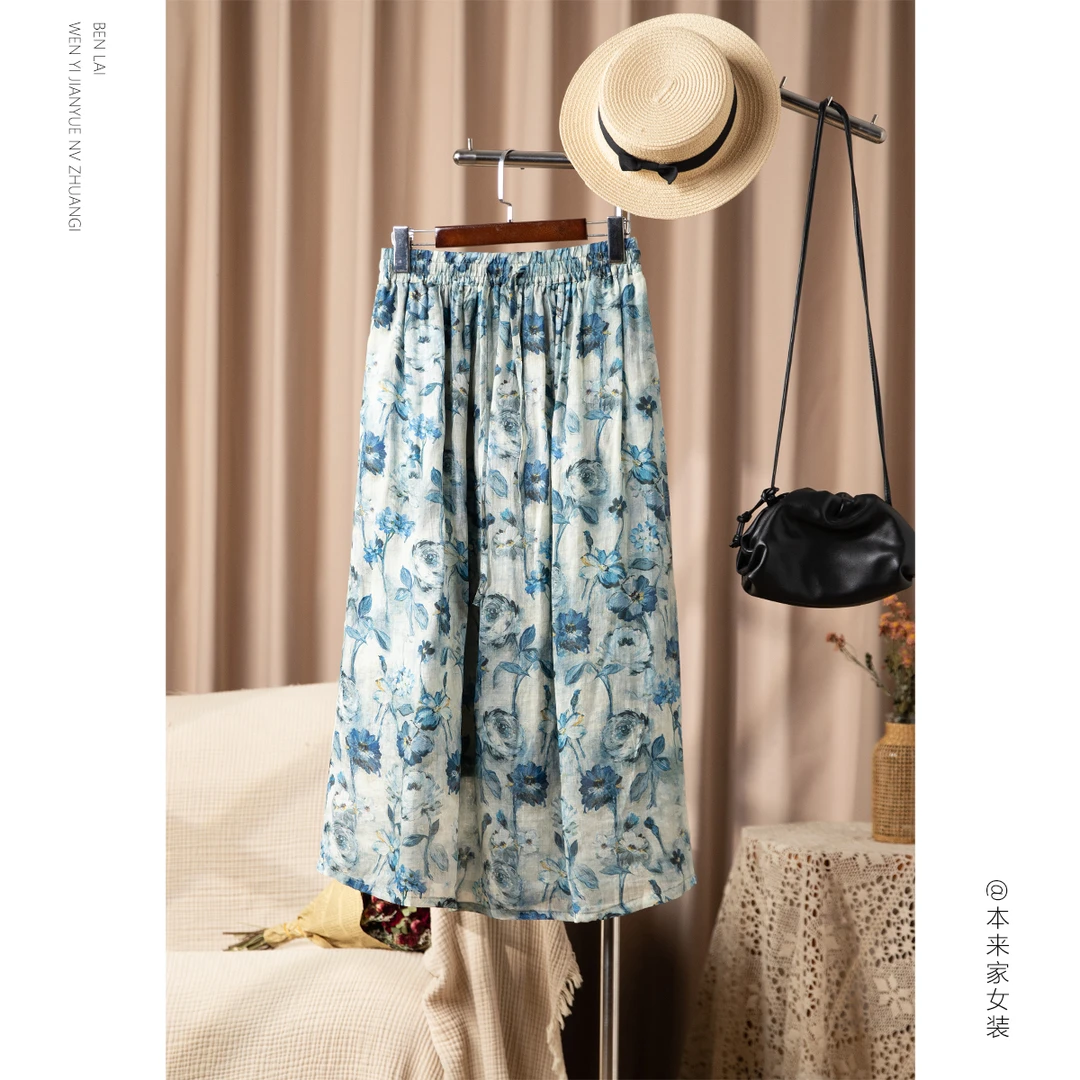 【本利来】文艺复古印花苎麻半身裙女春季新款显瘦百搭长裙子6015