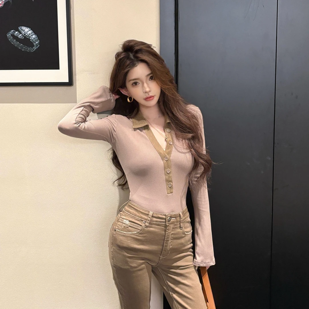 GUIDI GUDI【美得很】休闲百搭polo领长袖T恤/黄加蓝