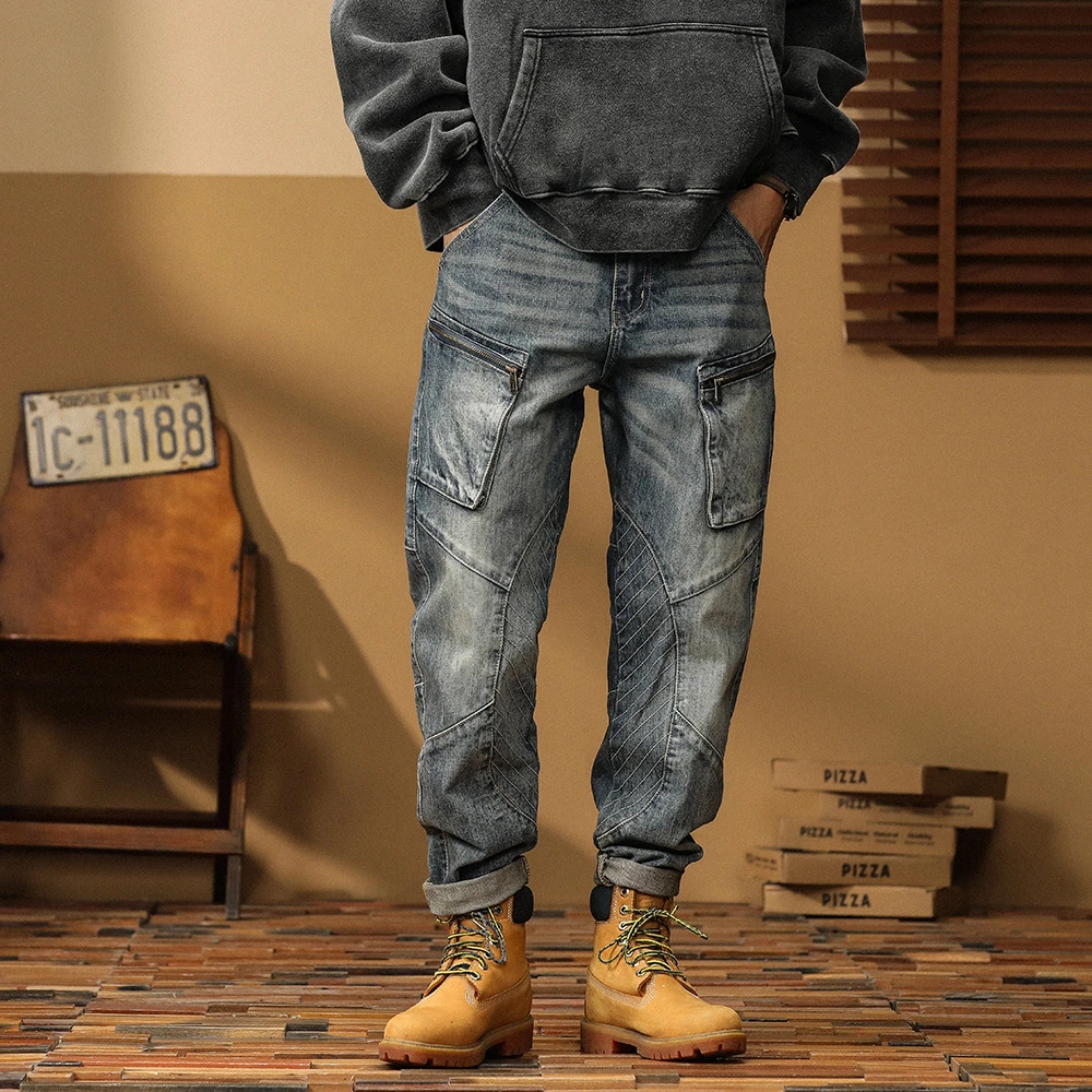 仓石一树秋冬工装牛仔裤拼接新款潮牌美式男士百搭宽松牛仔老爹裤