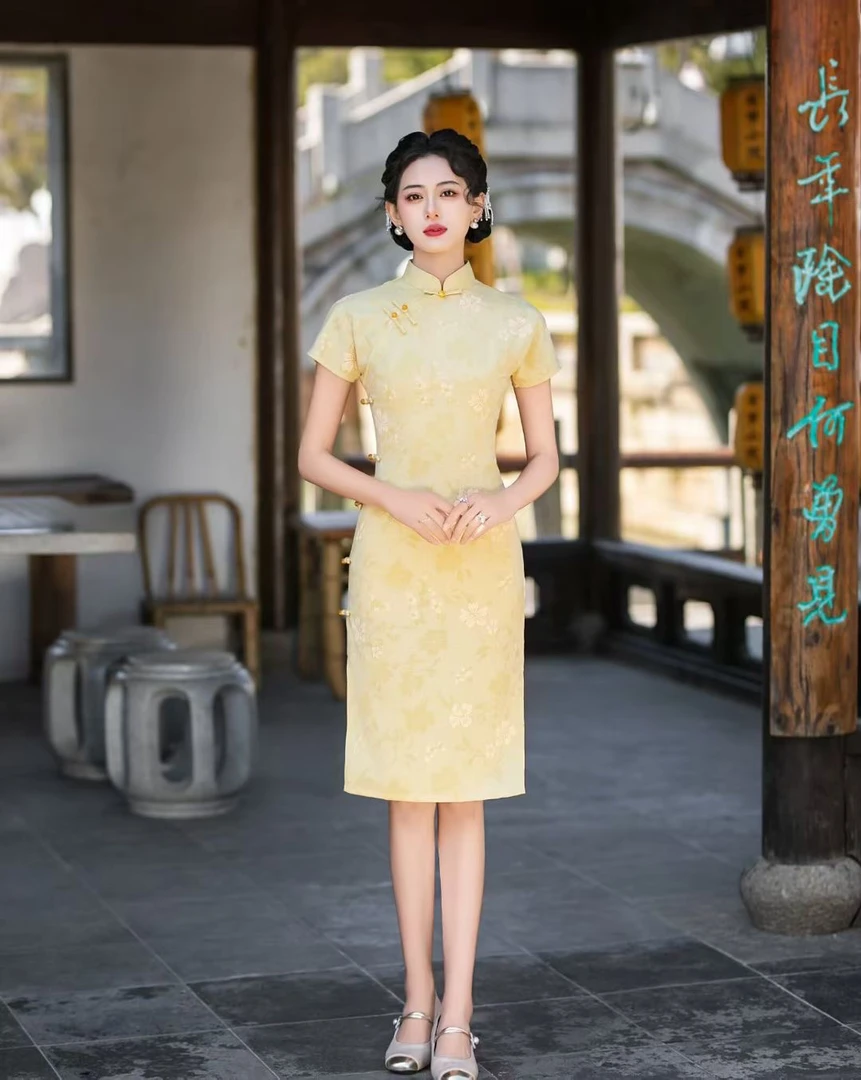 【一路辉煌】黄色新中式古法旗袍新款夏季年轻小个子款古法旗袍