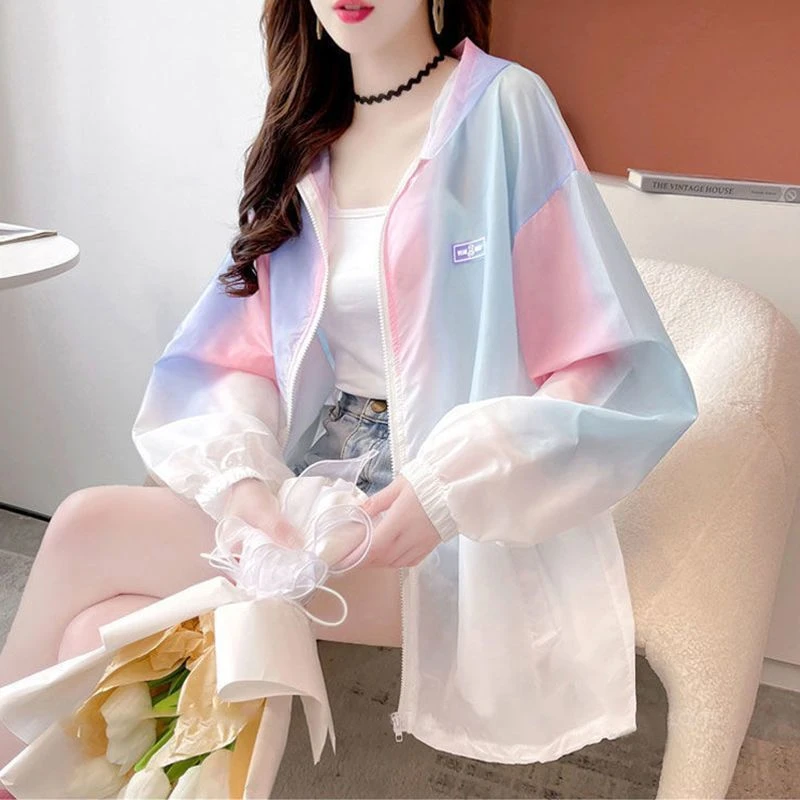 女士大码扎染长袖连帽薄款防晒开衫防紫外线夏季外套