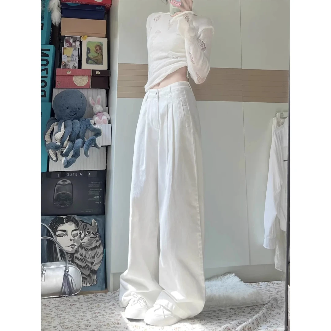 拉夏贝尔褶皱设计直筒裤2025夏季薄款度假风阔腿裤高腰显瘦牛仔裤