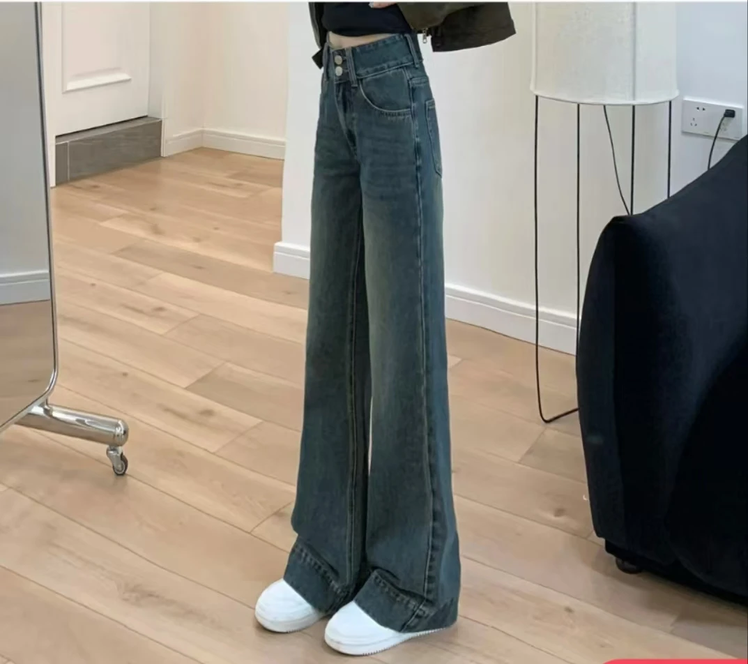 秋冬高腰窄版阔腿微喇牛仔裤女加厚宽松裤子时尚修身大码