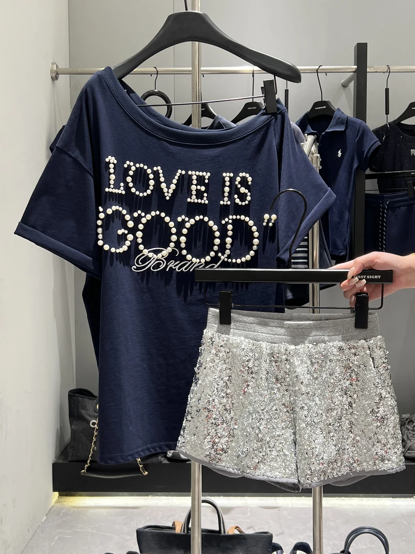 米SU私服【重工珍珠钉珠宽松露肩短袖】2025夏季慵懒宽松显瘦短袖