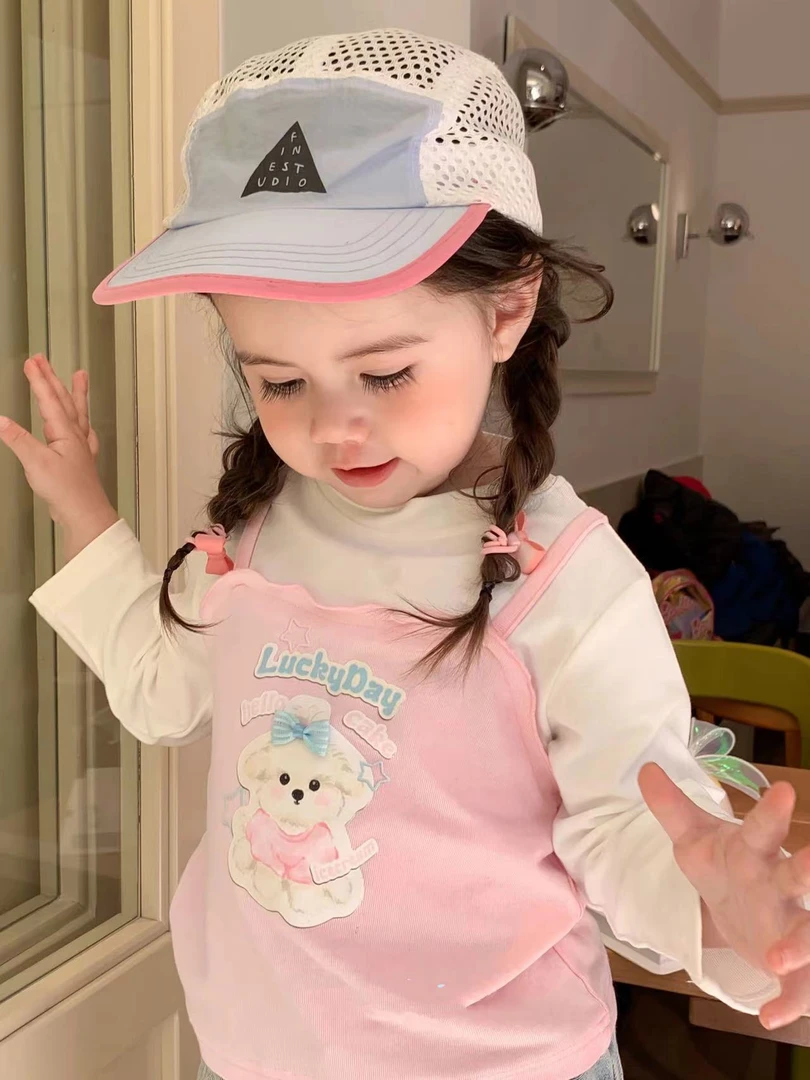 女童粉色卡通假两件吊带上衣（AH-2055-春秋）