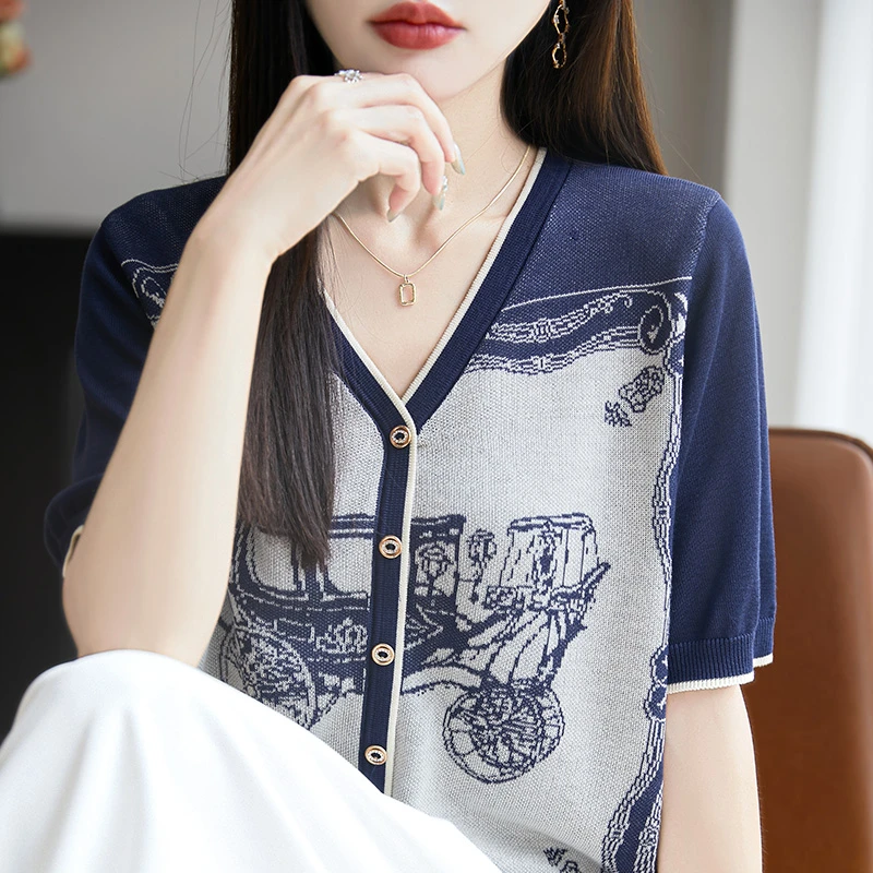 【莱赛尔天丝】V领短袖提花夏季T恤撞色上衣气质夏装