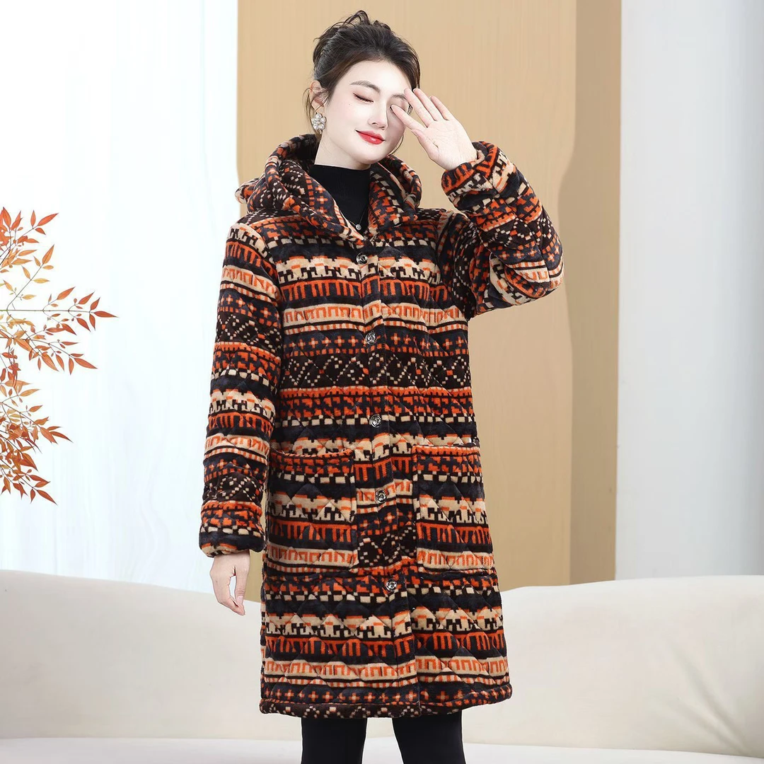 2025新款冬季加绒加厚长款连帽棉服女居家保暖棉衣外套特厚罩衣