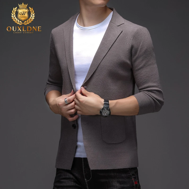 OUXLDNE针织毛衣男士开衫高档外套秋冬新款休闲翻领西服韩版上衣