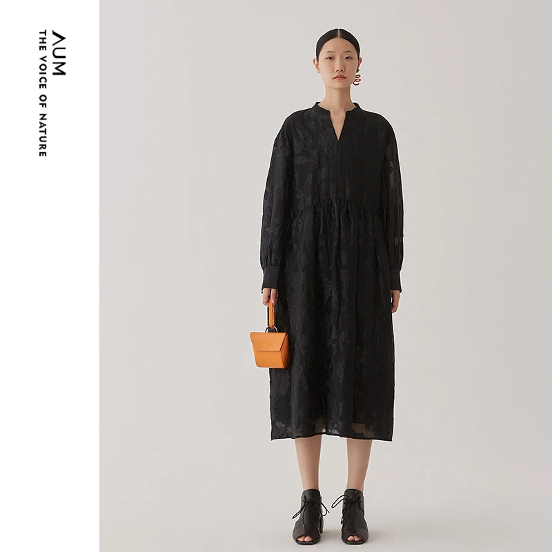 AUM/噢姆暗香疏影新中式优雅黑色气质长袖显瘦连衣裙MAFZ10016
