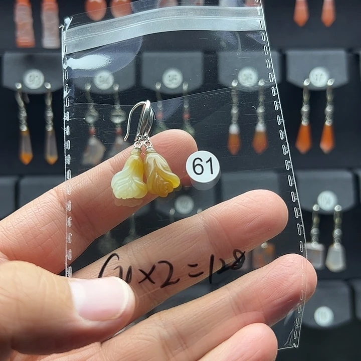 和田玉耳饰银S925镶嵌桃*