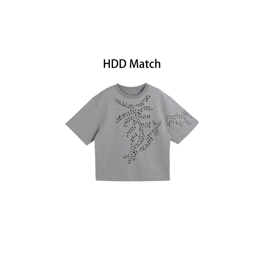 HDD "风的追求" 棉 夏季女款镂空设计小众短袖T恤上衣 Y8191