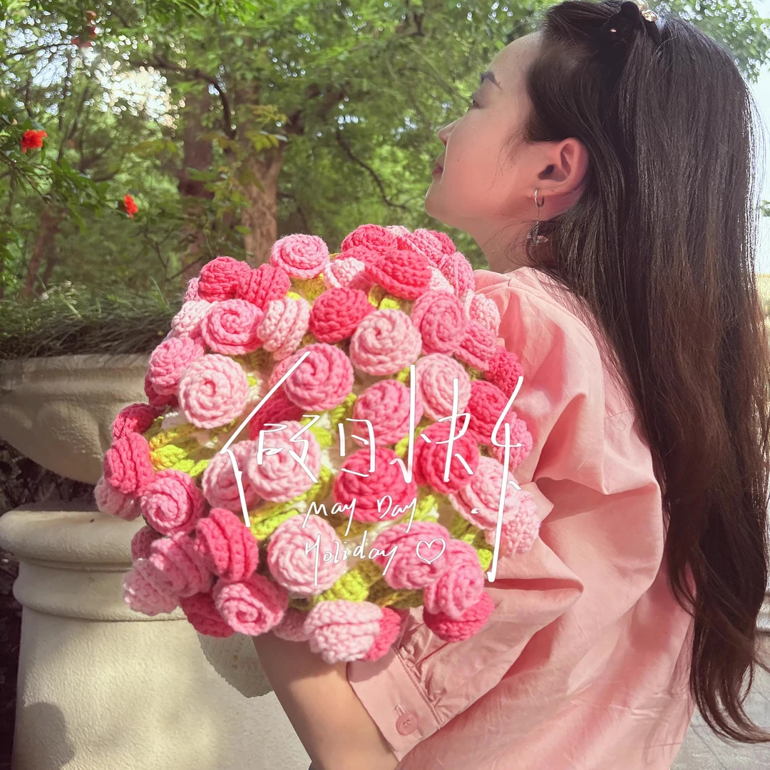 渐变色玫瑰花束毯子材料包毛线编织手工diy钩织毛毯尖角盖毯礼物