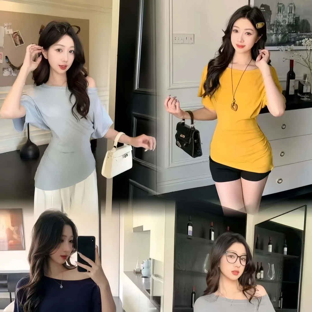 显瘦一字肩斜肩短袖T恤女夏2025不规则修身辣妹气质露肩百搭上衣
