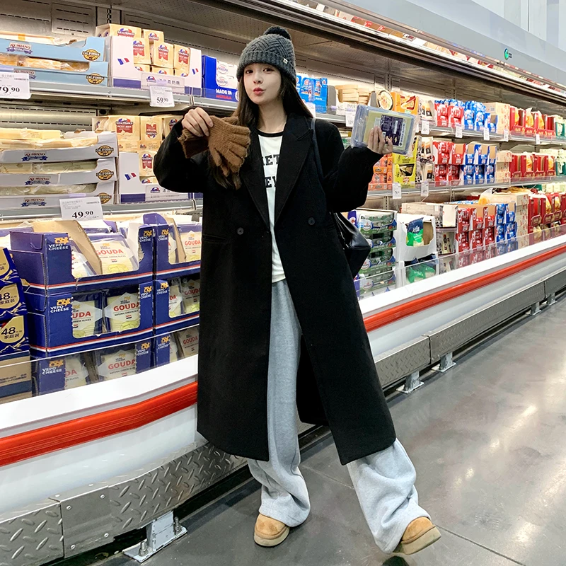 黑色毛呢外套女中长款2025秋季新款韩系赫本风气质显瘦加厚大衣女