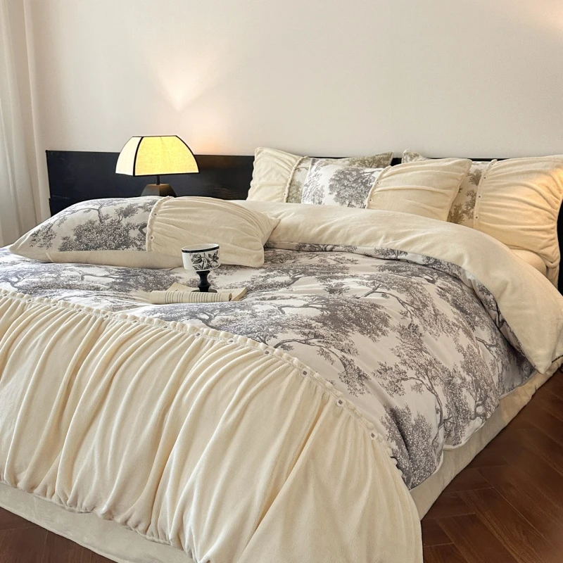 轻奢牛奶绒床上四件套冬季加厚法兰珊瑚绒床单被套三件套床上用品