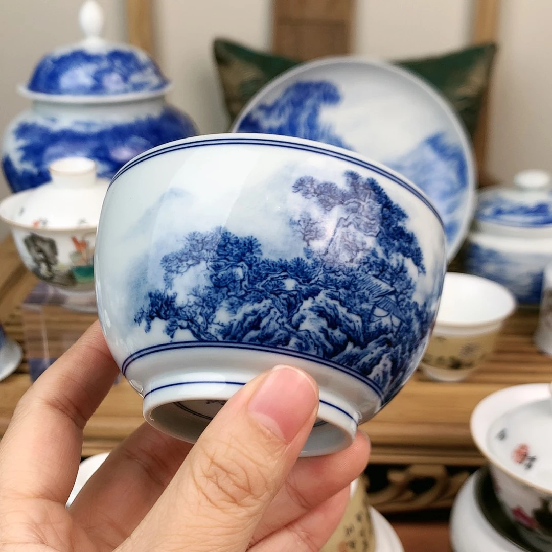 青花山水手工主人杯