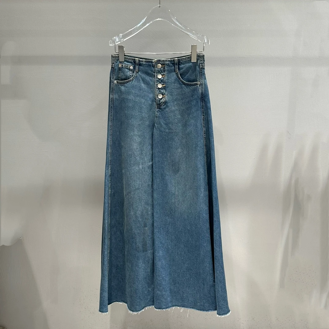 艾家2025春装新款裙子女中长款高腰修身显瘦A字半身牛仔裙3513