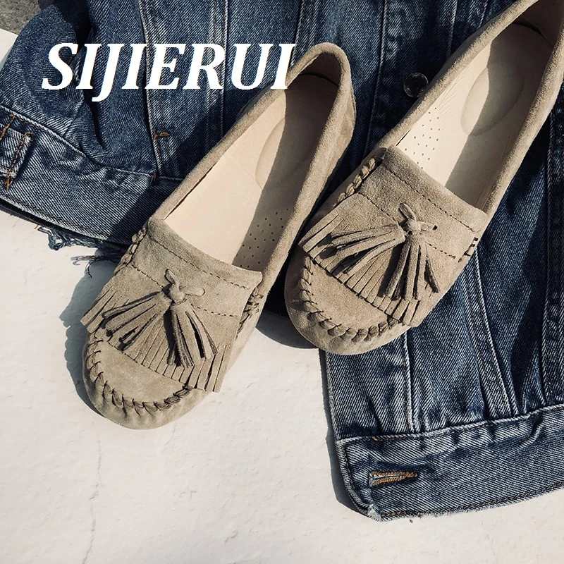 SIJIERUI豆豆鞋女2025年百搭平底真皮孕妇一脚蹬懒人软底浅口单鞋