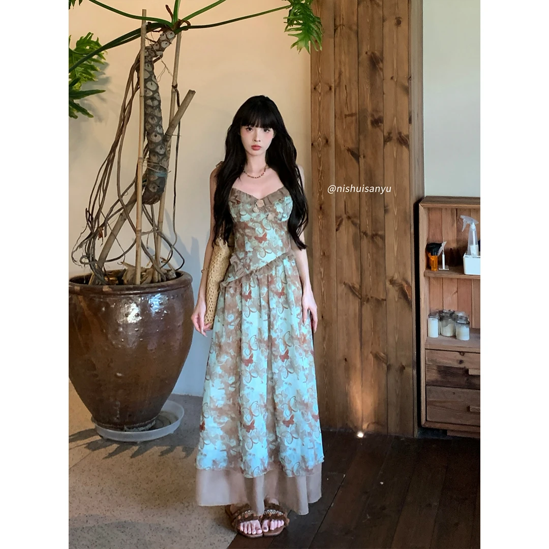 溺水三鱼【夏野蜜恋】夏季复古风氛围感宽肩带拼接雪纺吊带连衣裙