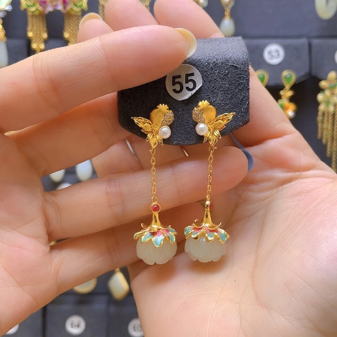 和田玉银S925镀金镶嵌耳饰