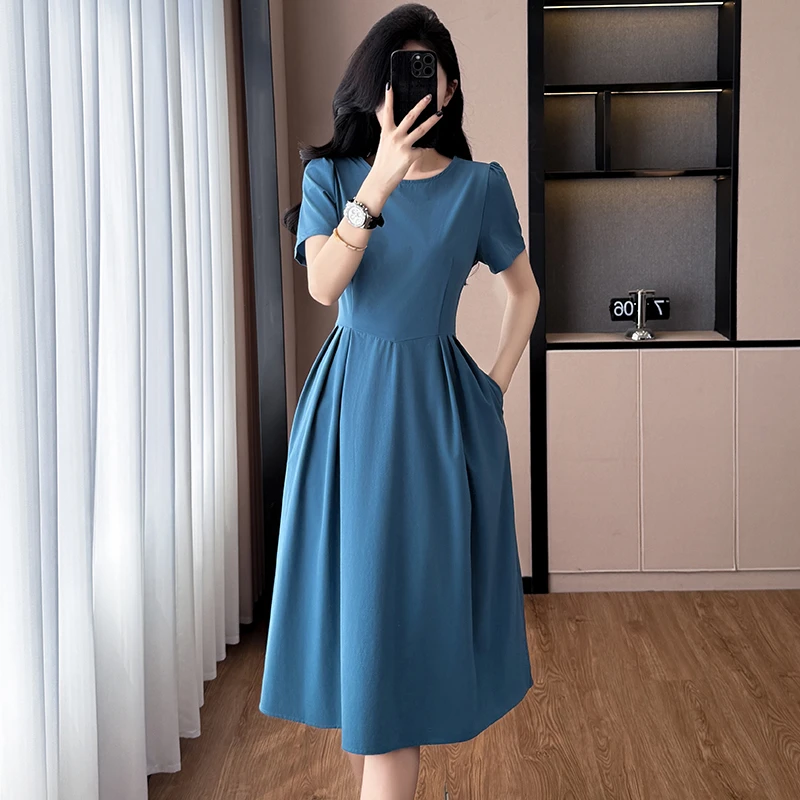 时尚洋气修身中长款简约大气中长款夏季短袖连衣裙子大码女装胖