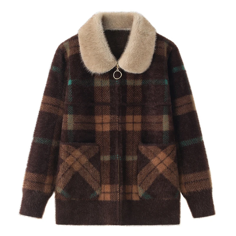 2025新款妈妈秋冬短款拉链外套毛领开衫格子春装中老年人女毛呢