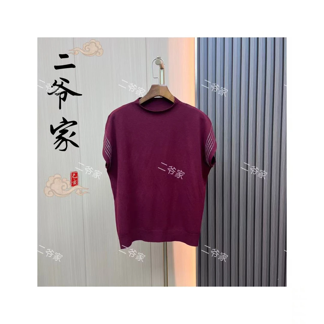 S88021099气质百搭半高领袖口烫钻短袖针织衫