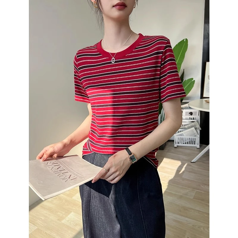 红色条纹正肩短袖t恤女夏季2025新款修身内搭打底衫圆领上衣显瘦