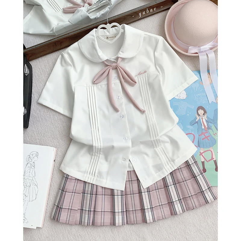 【冷山樱】+小萌粉色刺绣圆领衬衫 TR面料可爱粉格 JK制服格裙