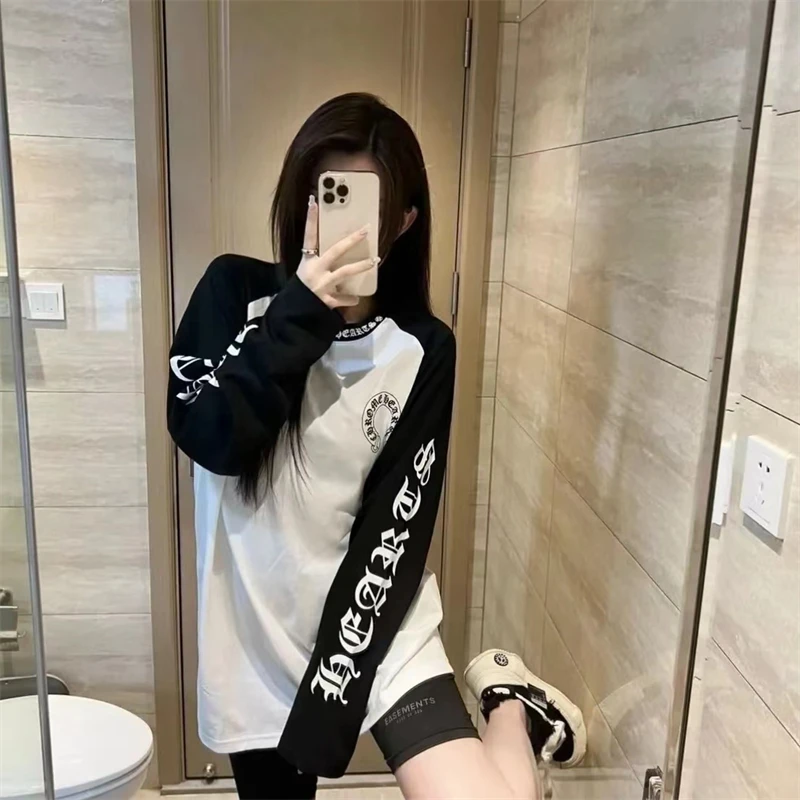 黑白撞色马蹄梵文印花插肩袖长袖T恤女春秋小众高级感宽松上衣潮