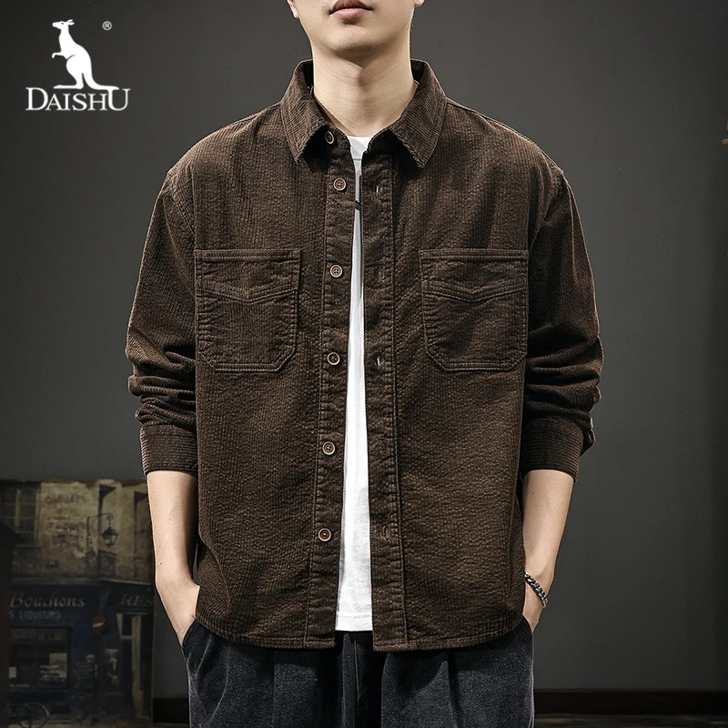 Dai Shu/袋鼠高端美式复古灯芯绒长袖衬衫男秋季新款宽松休闲外套