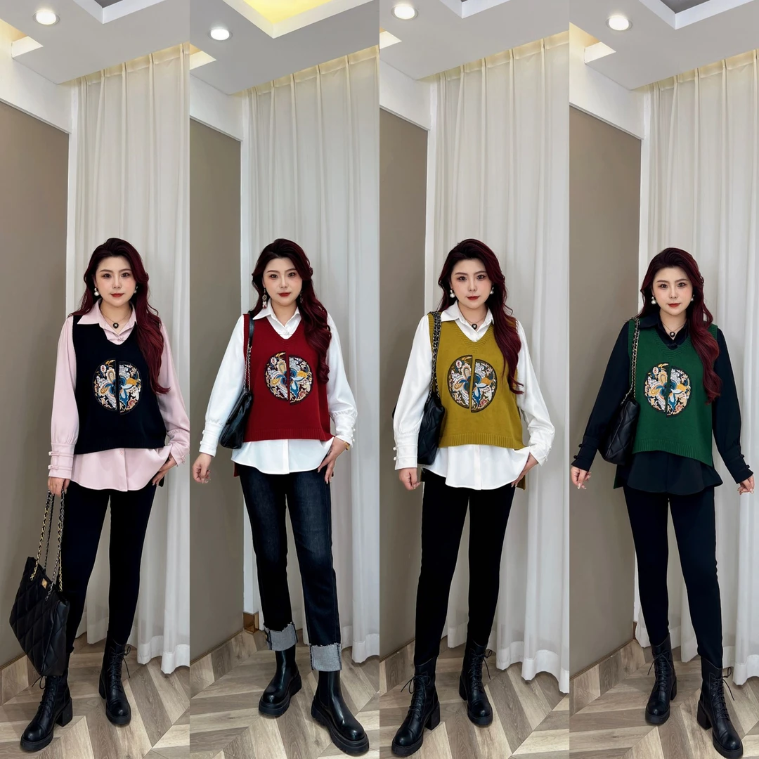 【安镜现货仅马甲】PMM8840新款中国风针织刺绣马甲大码女装
