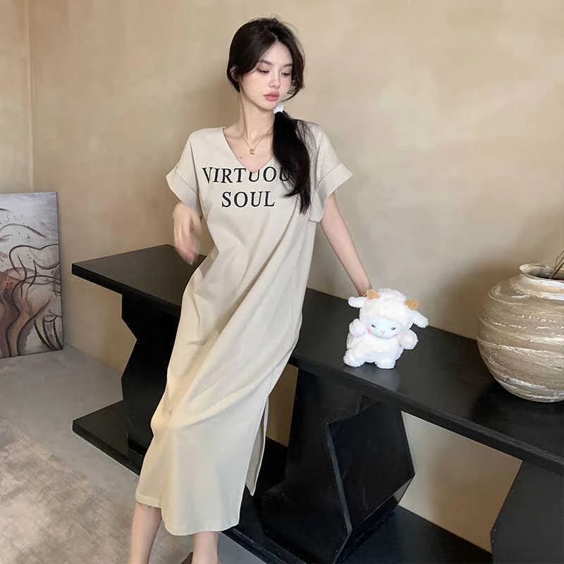 GPSUNLU2025夏季女款字母印花睡裙宽松V领休闲可外穿连衣裙家居服