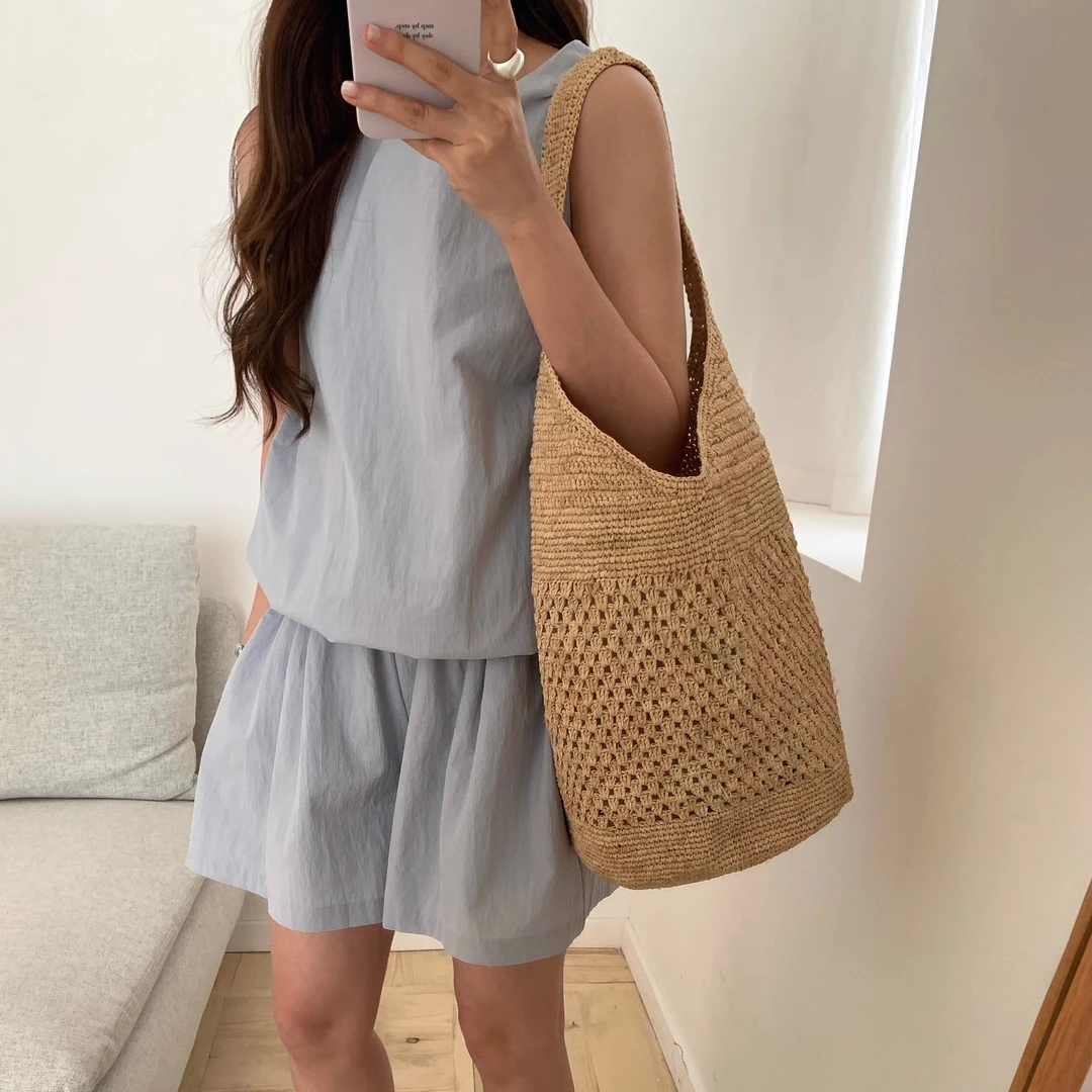韩系拉拉草新款爆款托特韩系单肩镂空沙滩休闲大容量编织度假购包
