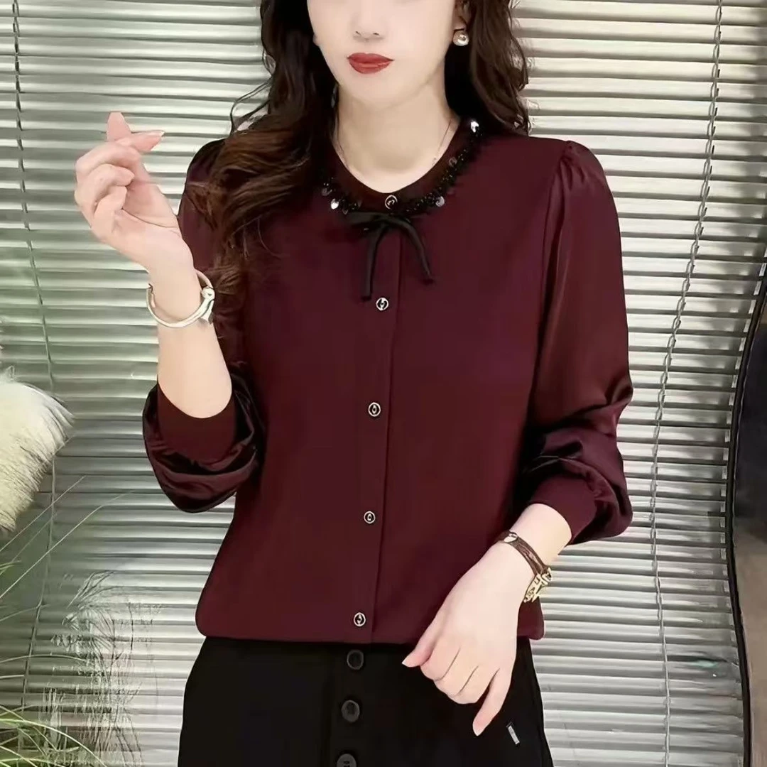 春季新款时尚宽松圆领洋气拼接衬衫百搭显瘦气质中老年长袖上衣女