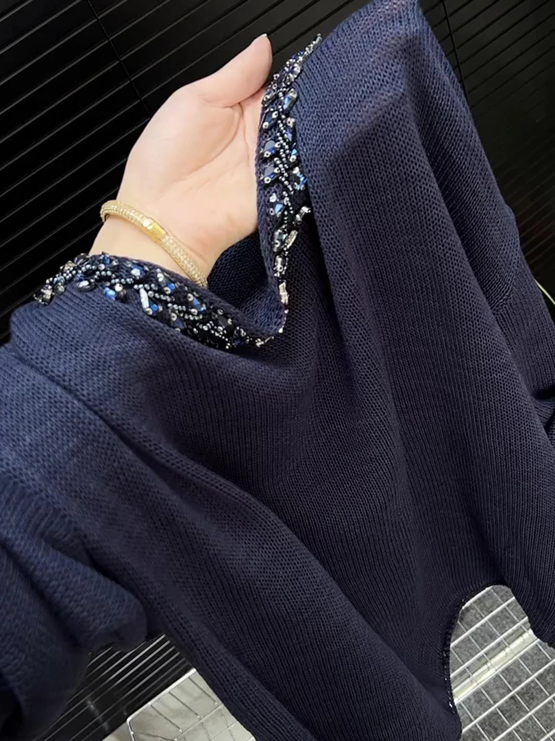 超好看气质百搭舒适休闲深蓝色上衣女2025早秋圆领薄款长袖针织衫