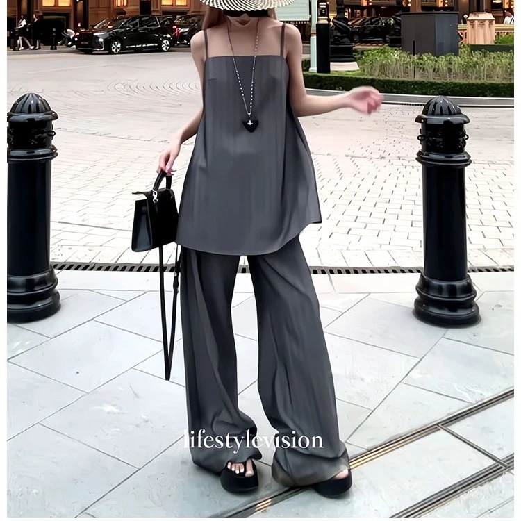 韩系灰色时髦套装女夏2025新款无袖条纹吊带背心宽松阔腿裤两件套