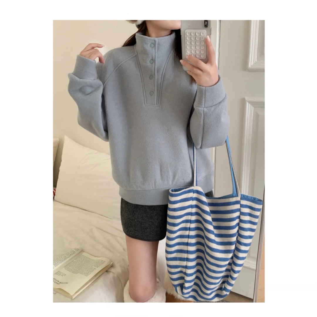 [大福Dafu]-轻暖治愈！立领四粒扣加绒卫衣女简约保暖套头上衣