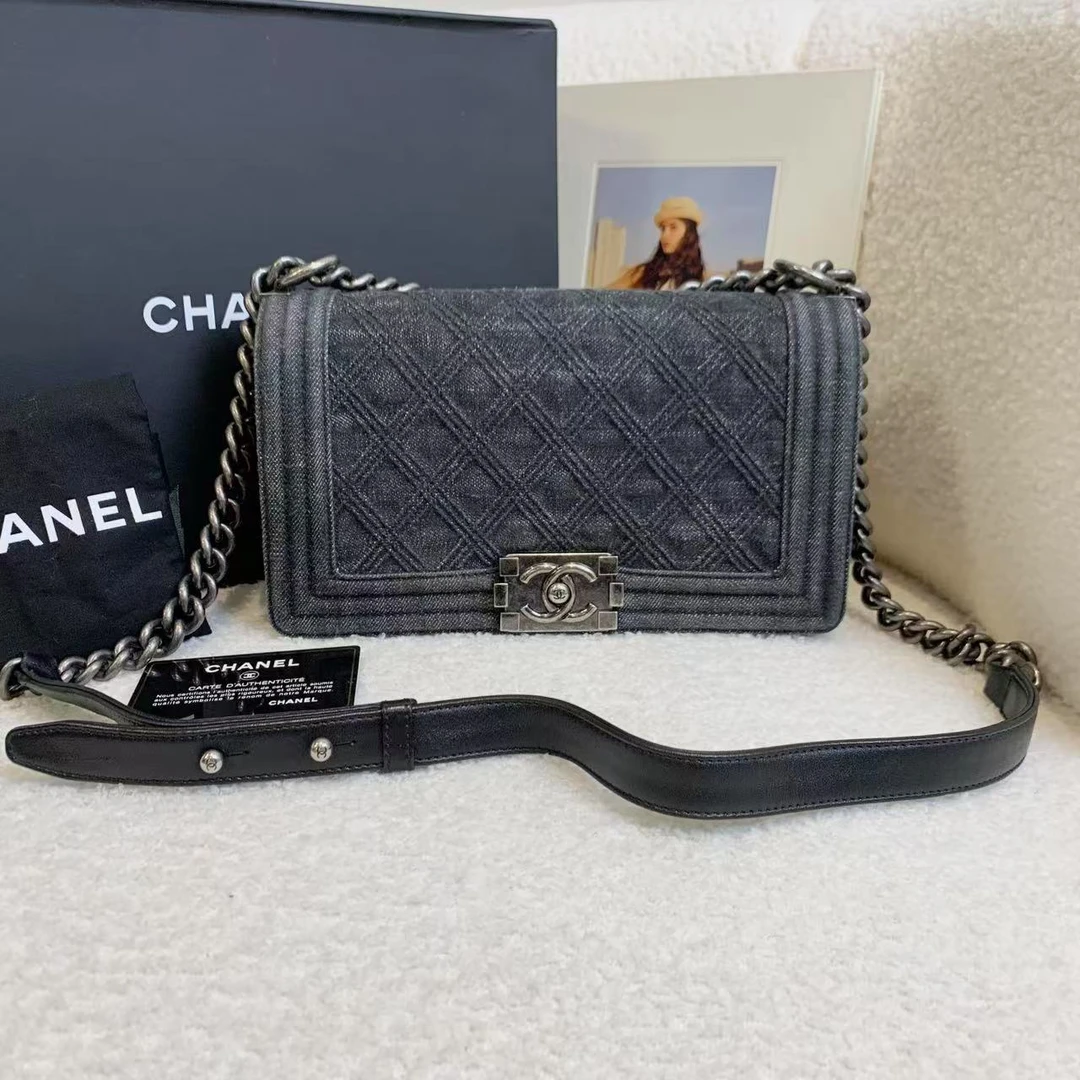 99新 Chanel/香奈儿 壹臻/黑银牛仔leboy链条包/90588343