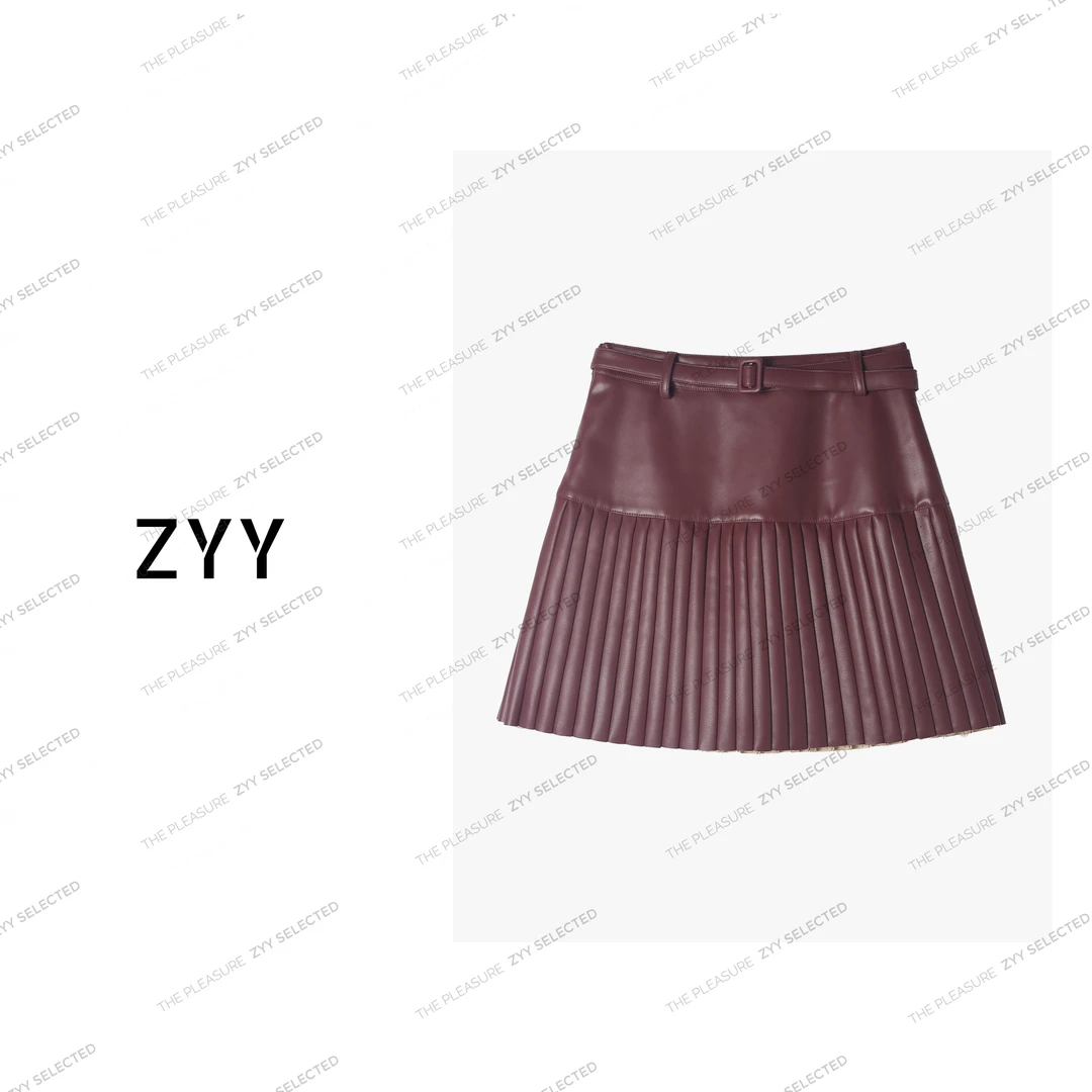 ZYY【微醺恋曲】2025S/S新品百搭秋高腰a字百褶复古皮裙X25QDQ03421