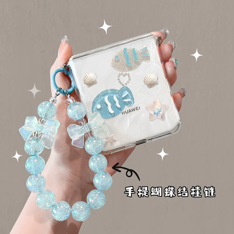 油画熊适用于华为Pocket2高端新款少女P50Pocket海洋蓝透明挂链女